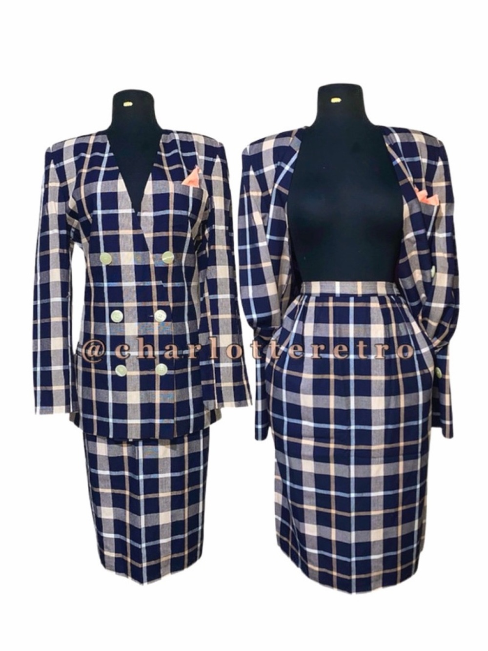 80s vtg GILMOR Plaid Double Breasted Skirt Suit